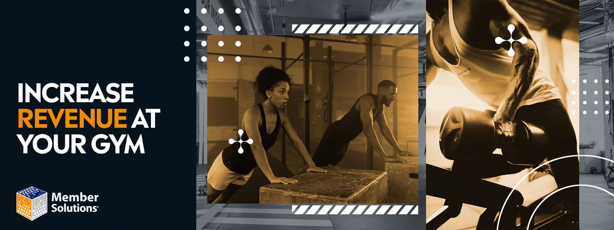 A split-toned gym scene shows two people doing push-ups on a box, and another person lifting dumbbells