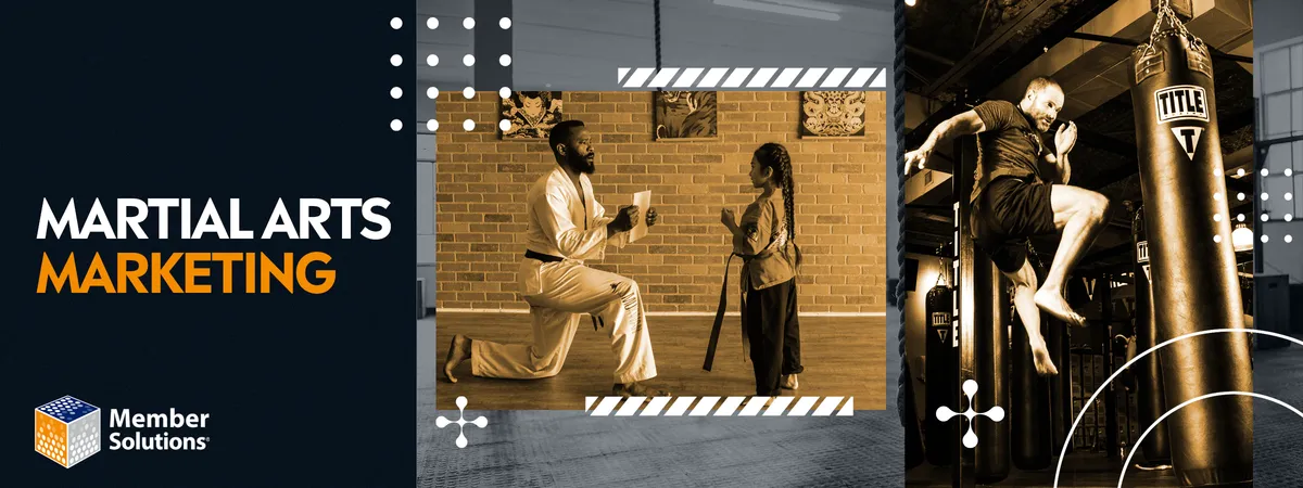 In one frame instructor kneeling with a child in martial arts attire & in other frame a man kicking a punching bag.